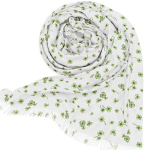 Shamrock Clover Floral Fashion Scarf, Long & Lightweight w/ Fringe, Irish Style, Whimsical, Spring/Summer Accessory, Pashmina Style Scarf