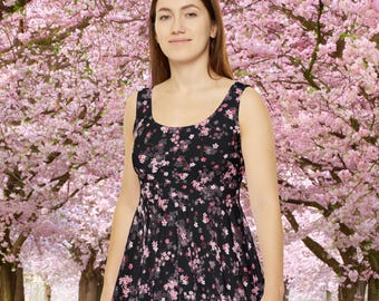 Sakura Spring Cherry Blossom Black Flowy Fit and Flare Sleeveless Skater  Dress - Etsy