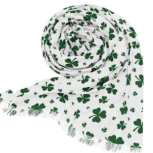 Shamrock Clover Graphic Fashion Scarf, Long & Lightweight w/ Fringe, Irish Style, Whimsical, Spring/Summer Accessory, Pashmina Style Scarf