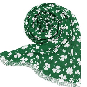 Shamrock Clover Graphic Fashion Scarf, Long & Lightweight w/ Fringe, Irish Style, Whimsical, Spring/Summer Accessory, Pashmina Style Scarf