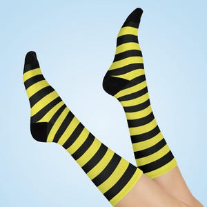 Bumblebee Yellow and Black Striped Cushioned Crew Socks, Garden Girl Fashion, Bumblebee Costume Piece, Matching Items Sold Separately