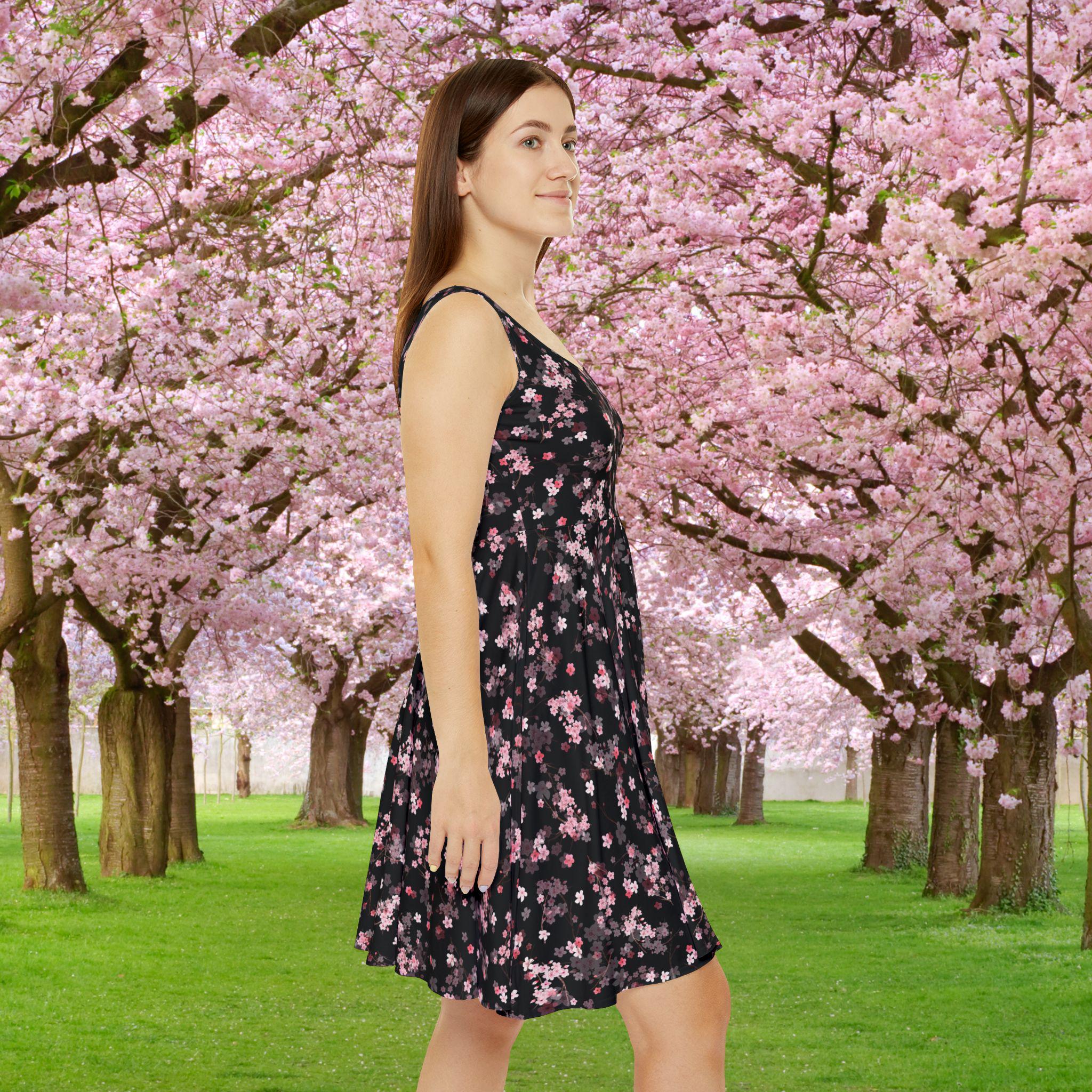 Sakura Spring Cherry Blossom Black Flowy Fit and Flare Sleeveless