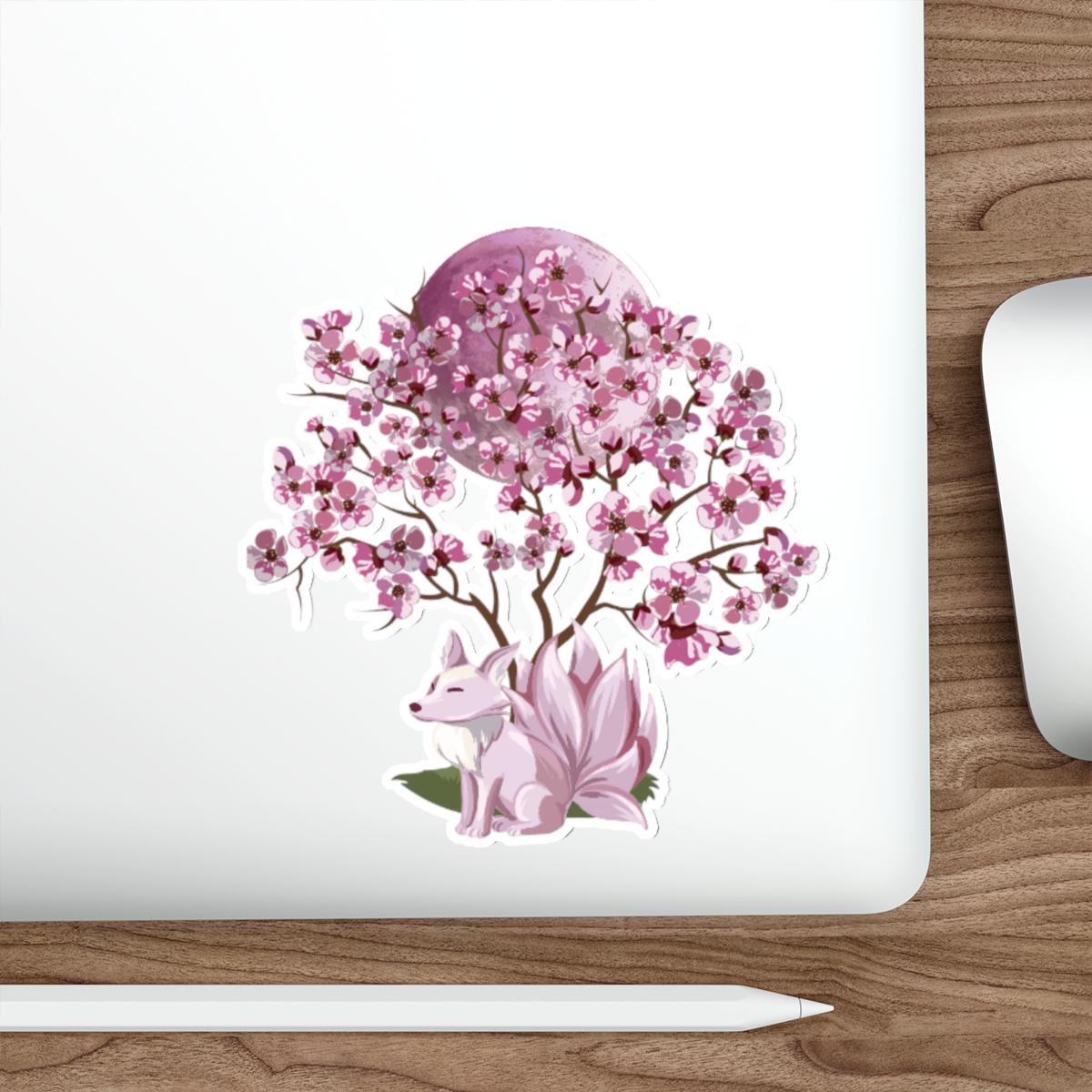 Kitsune Sakura Moon Indoor/Outdoor Vinyl Sticker, Pink Moon and Cherry Blossom Tree with 9 Tail Kitsune Decal, Tumbler, Laptop, Journal