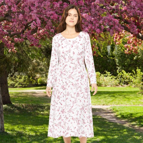 Sakura Cherry Blossom Spring Collection White Long Sleeve Midi Length  Floral Dress - Etsy