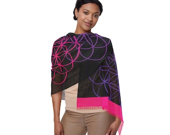 Pink-Indigo Sacred Geometry Tree and Flower of Life Fashion Scarf, Pashmina Style Summer Concert and Festival Wrap, Metaphysical Accessory