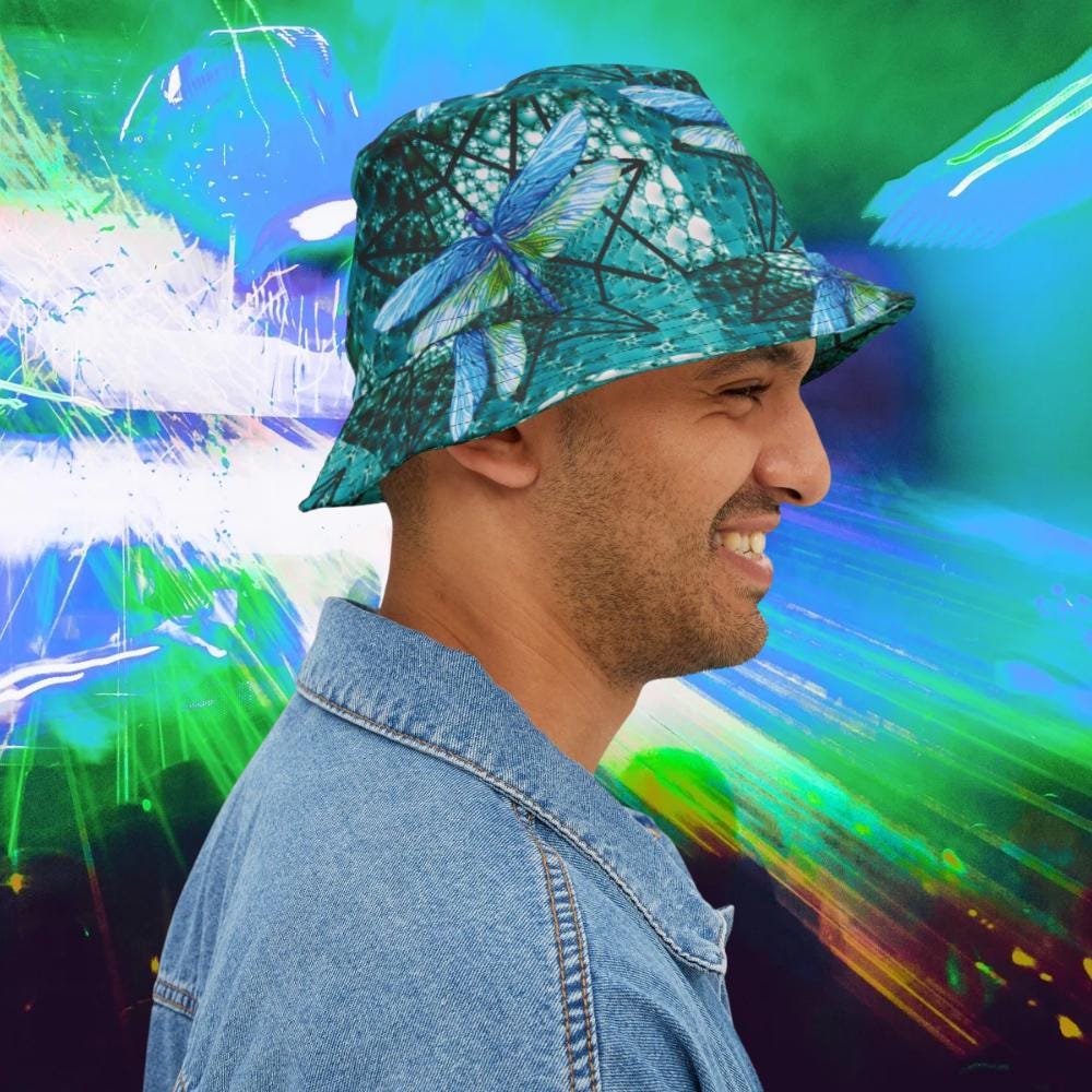 Blue Dasher Dragonfly Geometric Fractals Bucket Hat, EDM  display picture 2