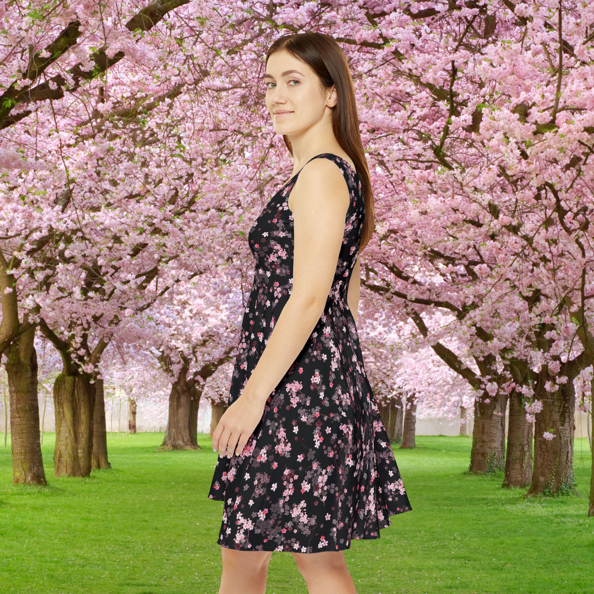 Sakura Spring Cherry Blossom Black Flowy Fit and Flare Sleeveless Skater Dress Sakura Spring Cherry Blossom Black Flowy Fit and Flare Sleeveless Skater Dress