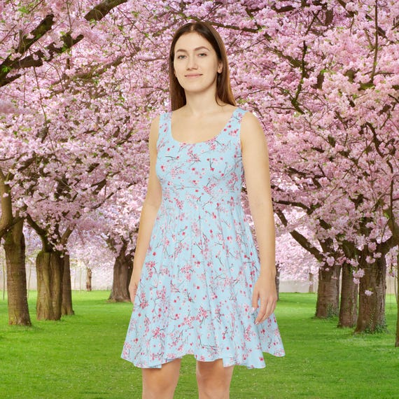 Sakura Spring Cherry Blossom Sky Blue Floral Sleeveless Fit and Flare Skater Dress Sakura Spring Cherry Blossom Sky Blue Floral Sleeveless Fit and Flare Skater Dress