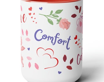 Valentine's Day Mug, Gift for Coffee Lover, "Love, Comfort, Coffee", Hearts and Roses Design on White Ceramic with red accents, 15oz