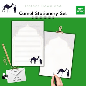 Set da scrittura per lettere di cancelleria cammello / Carta a righe a tema cammello arabo / Blocco note stampabile / Perfetto per studenti / PenPal Mail / Beduino