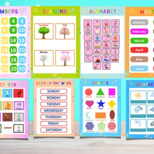 Pósters imprimibles para preescolar: Pósters educativos, decoración del aula, láminas para la educación en casa, Montessori, gráficos educativos (juego de 8) (en formato carta/PDF)