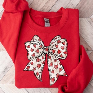 Coquette Valentine's Day Heart Bow Sweatshirt, Retro Valentine Shirt, Valentines day Bow Shirt, Coquette Bow T Shirt, Bow Valentine Gifts