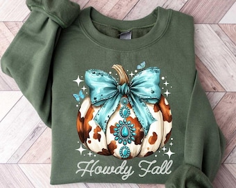Howdy Fall Pumpkin Sweatshirt, Western Fall Shirt, Fall Coquette Bow T Shirt, Fall Vibes, Fall Sweatshirt, Thanksgiving Gift, Cowgirl Shirt