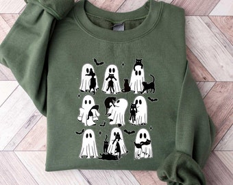Halloween Black Cat & Ghost Sweatshirt, Halloween Ghost T Shirt, Spooky Season Cat Tee, Halloween Cute Women Outfit, Halloween Gift