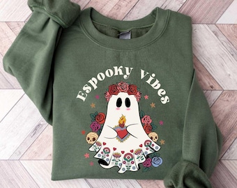 Mexican Ghost Sweatshirt, Espooky Vibes Fantasma Graphic Tee Spooky Season Mexicana Halloween Gift Latina Mom Tshirt Retro Mexico Sweater