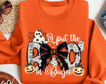 Sudadera con la frase "I Put The Boo in Boujee", suéter coqueto de Halloween, cuello redondo de otoño, camisa de temporada espeluznante, suéter de calabaza, camisa de mamá de Halloween