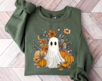 Retro Ghost Sweatshirt, Floral Ghost Halloween Crewneck, Cute Pumpkin Sweater, Flower Halloween Shirt, Retro Fall Shirt, Spooky Sweatshirt