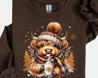 Christmas Cow Sweatshirt, Highland Cow tShirt, Women's Cow Christmas Long sleeve, Cow Lover Gift, Farm Christmas Hoodie Gift, Xmas Shirt