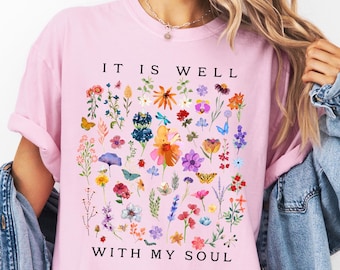 Camisa cristiana Comfort Colors®, camiseta floral bohemia "Está bien con mi alma", regalo religioso para mujer, ropa de Jesús, camiseta con versículo bíblico, camiseta de fe