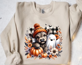Highland Cow Halloween Sweatshirt, Halloween Sweatshirt, Halloween Animals, Ghost Shirt, Cow Lovers Halloween Gift,Cow Shirt,Spooky Cows Tee