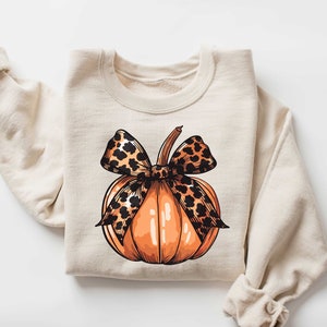 May include: A beige sweatshirt with a pumpkin design. The pumpkin is orange and has a brown and black leopard print bow on top.