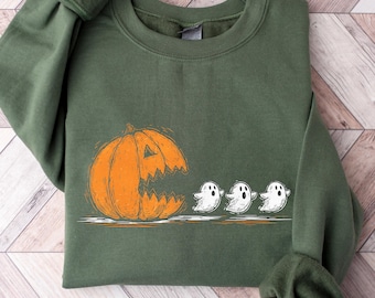 Sudadera de Halloween con calabaza y fantasma, divertida sudadera de manga larga para Halloween, regalo para gamers de Halloween, sudadera con capucha para fiesta de Halloween, camiseta de calabaza y fantasma espeluznante.