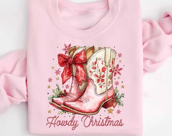 Howdy Boot Christmas Sweatshirt, Western Christmas T-shirt, Christmas Western Hoodie, Cowboy Cowgirl Christmas Long sleeve,Howdy Xmas Gift