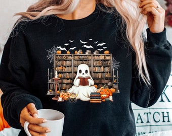 Ghost Reading Books Sweatshirt, Bookish Halloween Sweatshirt, Halloween Teacher Gift, Librarian Halloween Hoodie, Ghost Crewneck