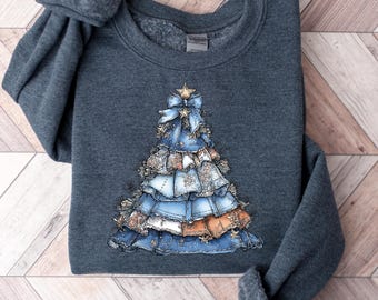 Blue Coquette Christmas Tree Swetashirt, Coquette Bow Christmas Long sleeve, Chinoiserie Christmas Tree Hoodie, Cute Blue Christmas Tree Tee