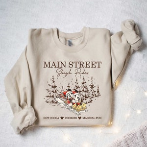 Chemises rétro Mickey Minnie Main Street, promenades en traîneau, chemise de Noël Disney, sweat-shirt de Noël Mickey Minnie, cadeau de Noël Mickey