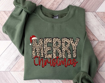 Weihnachtshemd, frohe Weihnachten Sweatshirt, Leoparden-bedrucktes Weihnachtshemd, Weihnachtsgeschenk-Hemd, Frauen-Leoparden-Weihnachtshemd