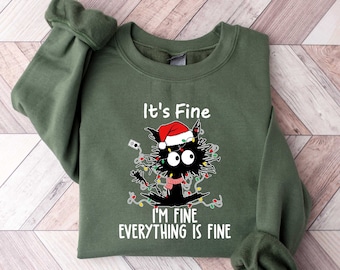 Está bien, estoy bien, todo está bien, camisa de gato de Navidad, camisa de Navidad Meowy, sudadera de gato negro, feliz Navidad, camisa amante de los gatos