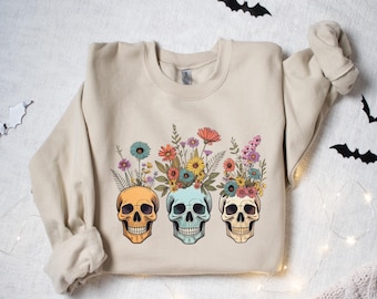 Floral Skull Sweatshirt, Halloween Comfort Shirt, Bloom Skull Shirt, Skeleton Halloween Tee, Spooky Season Shirt