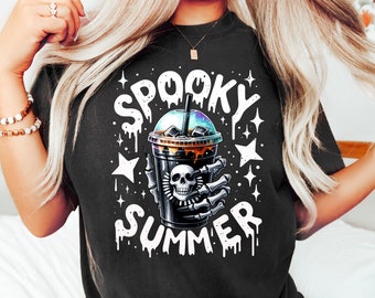 Spooky Summer Shirt, Summer Vibes Skeleton Shirt, Coffee Lover Shirt, Trendy Shirt, skeleton hand shirt, summer shirt, spooky season shirt