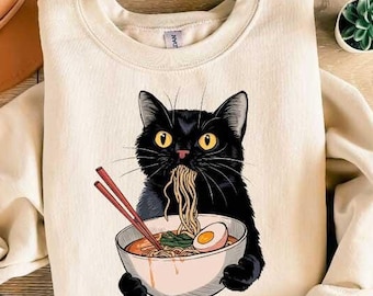 Camiseta de gato con fideos, sudadera de mamá gata ramen, camiseta para amantes de los gatos, camiseta de gato negro con fideos, camisetas retro de gato negro, sudadera para amantes de los gatos, amante de los gatos