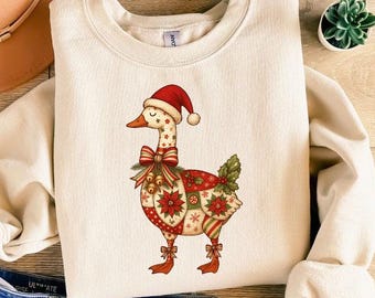 Faux Embtroidery Patchwork Christmas Goose Sweatshirt,Funny Holiday Santa Lights Tshirt,Festive Jolly Goose Long Sleeve,Merry Xmas Hoodie