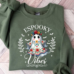 Mexican Ghost Sweatshirt, Espooky Vibes Fantasma Graphic Tee Spooky Season Mexicana Halloween Gift Latina Mom Tshirt Retro Mexico Sweater