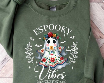Mexican Ghost Sweatshirt, Espooky Vibes Fantasma Graphic Tee Spooky Season Mexicana Halloween Gift Latina Mom Tshirt Retro Mexico Sweater
