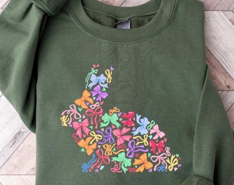 Easter Rabbit Bow Sweatshirt, Happy Easter Shirt, Retro Easter Sweater, Easter Bunny T Shirt, Easter Coquette Gift, He is Risen Crewneck