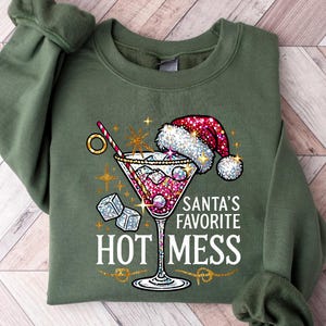 Santa's Hot Mess Sweater, Christmas Martini Hoodie, Faux Glitter Christmas Drink Sweater,Christmas Party Sweatshirt, Drink Sweater For Women