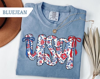 Comfort Colors®Coquette USA Tshirt, Cute American Tee,4th Of July Shirt, Patriotic Floral Shirt, USA Bow Tee, Red White and Blue Tee