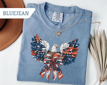Comfort Colors®Eagle America Bow Shirt, Coquette 4th Of July T-Shirt, American Girl Shirt, 4th Of July Gift, Patriotic Shirt, Freedom Tee