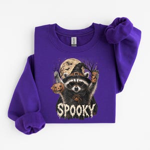 May include: A purple long-sleeve sweatshirt featuring a graphic of a raccoon wearing a witch hat and cape, holding a jack-o'-lantern and a drink. The background shows a full moon and bats, with the word SPOOKY printed in white distressed lettering.