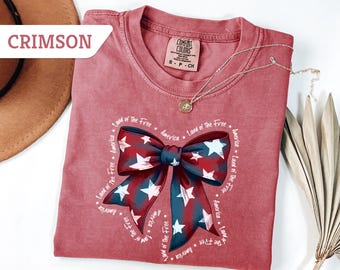 Comfort Colors®Coquette 4th of July Bow T Shirt, Soft Girl Patriotic TShirt, Cute Independence Day Tee, American Girly Shirt, Fourth of July
