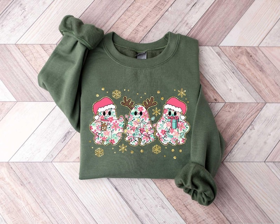 Christmas Sweatshirt, Christmas Ghost Sweatshirt, Cute Ghost Sweater, Colorful Light Ghost Sweatshirt, Christmas Gift, Women Christmas Shirt