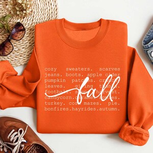 Pu&ograve; includere: Felpa arancione con testo bianco che recita "cozy sweaters, scarves, jeans, boots, apple cider, pumpkin patches, crackling leaves, giving thanks, football, soup, harvest, candy corn, caramel apples, turkey, corn mazes, pie, bonfires, hayrides, autumn." Il testo &egrave; disposto in una colonna verticale sul lato destro della felpa.