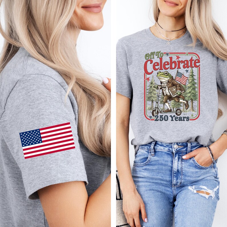 May include: A gray t-shirt with an American flag patch on the sleeve. The other side of the shirt features a graphic of a frog riding a scooter with the text "Off To Celebrate 250 Years". The frog is holding an American flag.