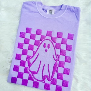 Comfort Colors®Puff Retro Halloween Checkered Ghost Shirt,Ghost Sweatshirt Spooky Tshirt,Embossed 3D Checkered Ghost tee,Spooky Season Gift