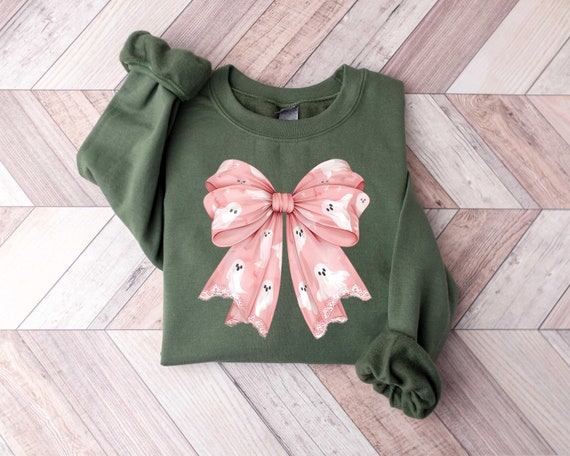 Pink Ghost Bow Coquette Sweatshirt, Halloween Coquette Bow Sweatshirt, Ghost Halloween, Spooky Season Hoodie, Halloween Gift