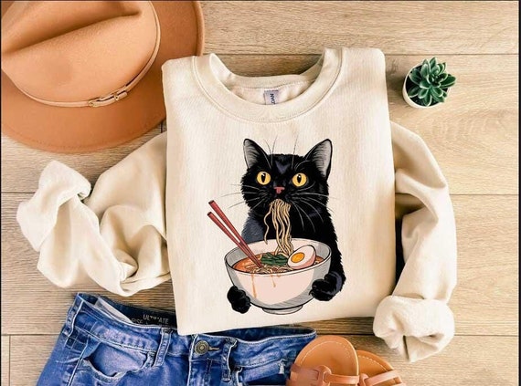 Noodle Cat Shirt, Ramen Cat Mom Sweatshirt, Cat Lovers Shirt, Black Cat Noodle Shirt, Retro Black Cat Tees, Cat Lover Sweatshirt, Cat Lover